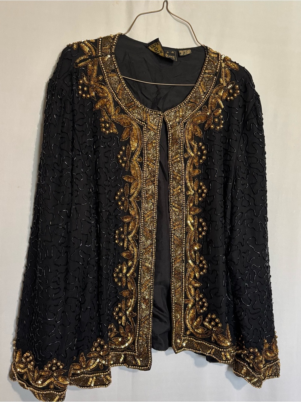 Gold Star 100% Pure Silk Embellished Black Beaded Jacket with Gold Accents